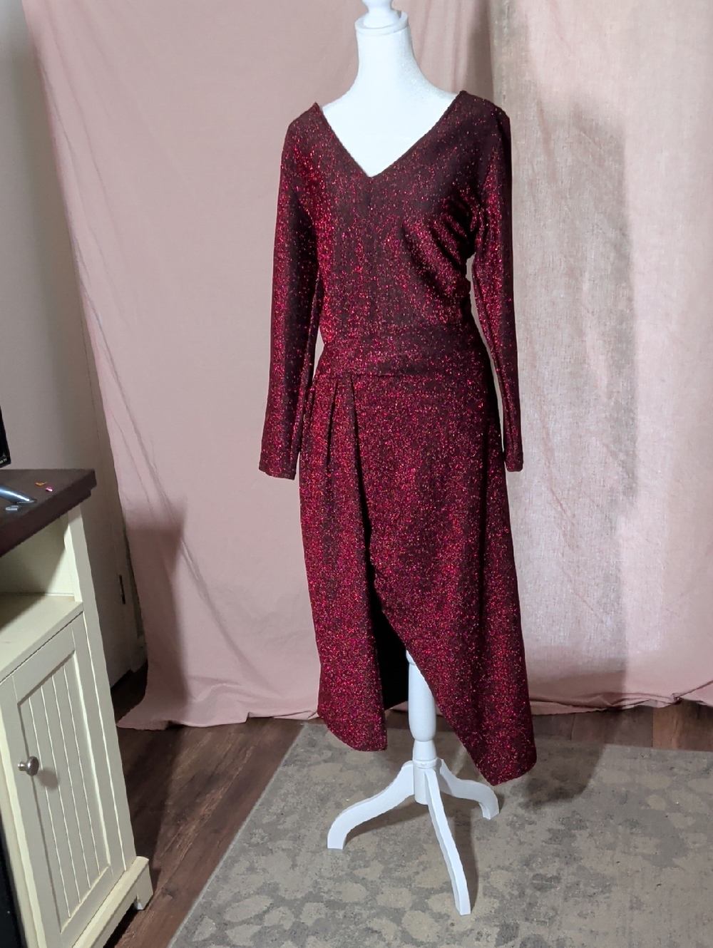 Sparkle Burgundy V-Neck Long Sleeve Dress